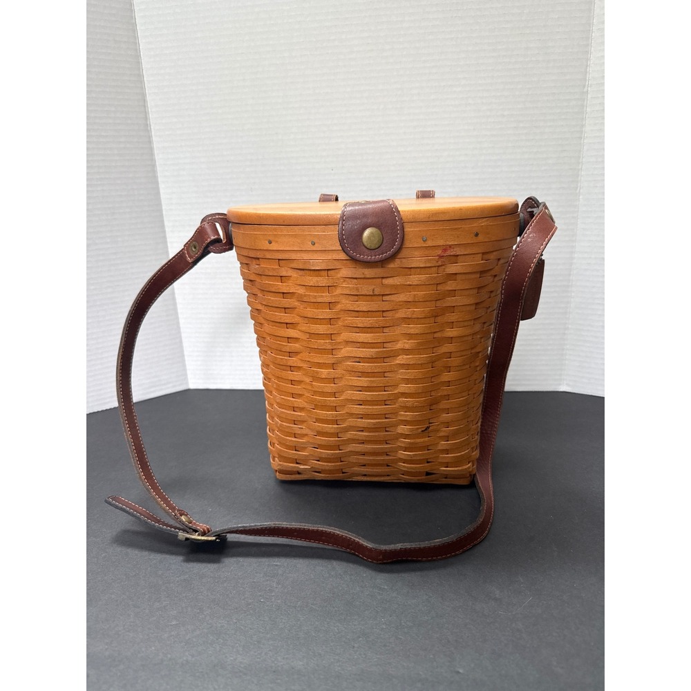 Longaberger Large Saddlebrook Woven Wood Purse w/Lid and Leather Crossbody Strap